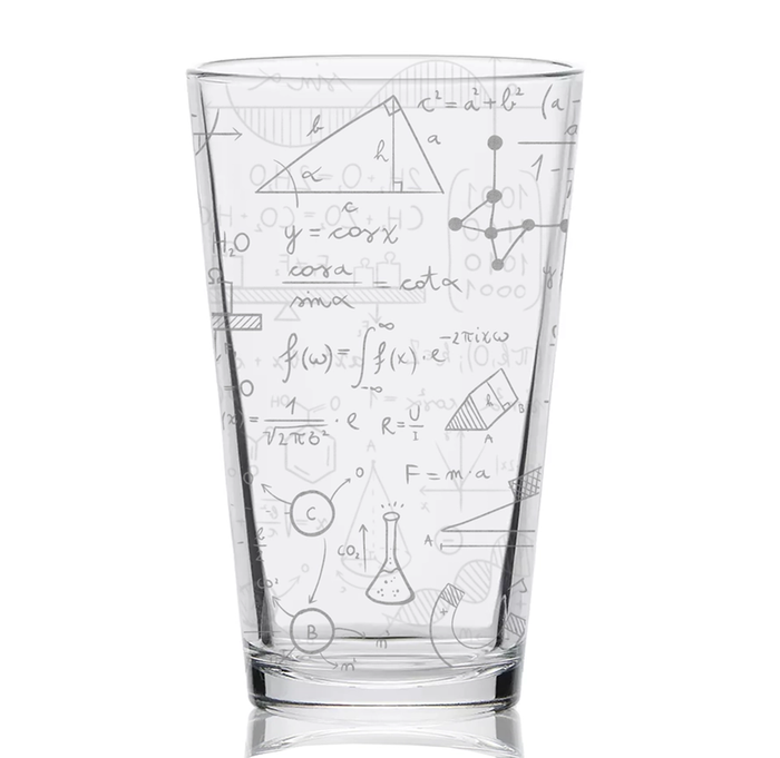 A clear glass of water filled with pale mathematical formulas, geometric diagrams, and science symbols, giving a calm, academic impression.