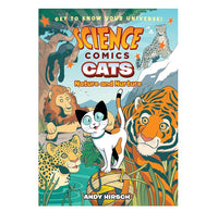 Front cover of the children's book 'Science Comics Cats: Nature and Nurture' by Andy Hirsch, featuring colorful cartoon illustrations of various cats and big cats in an illustrated jungle scene.