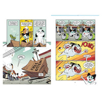 A two-page graphic novel spread featuring a white cat with black markings in a cartoon style. The left page shows the cat in a brown suit and hat, interacting with a green grasshopper and a large falling cardboard box labeled 'FREE KITTEN'.