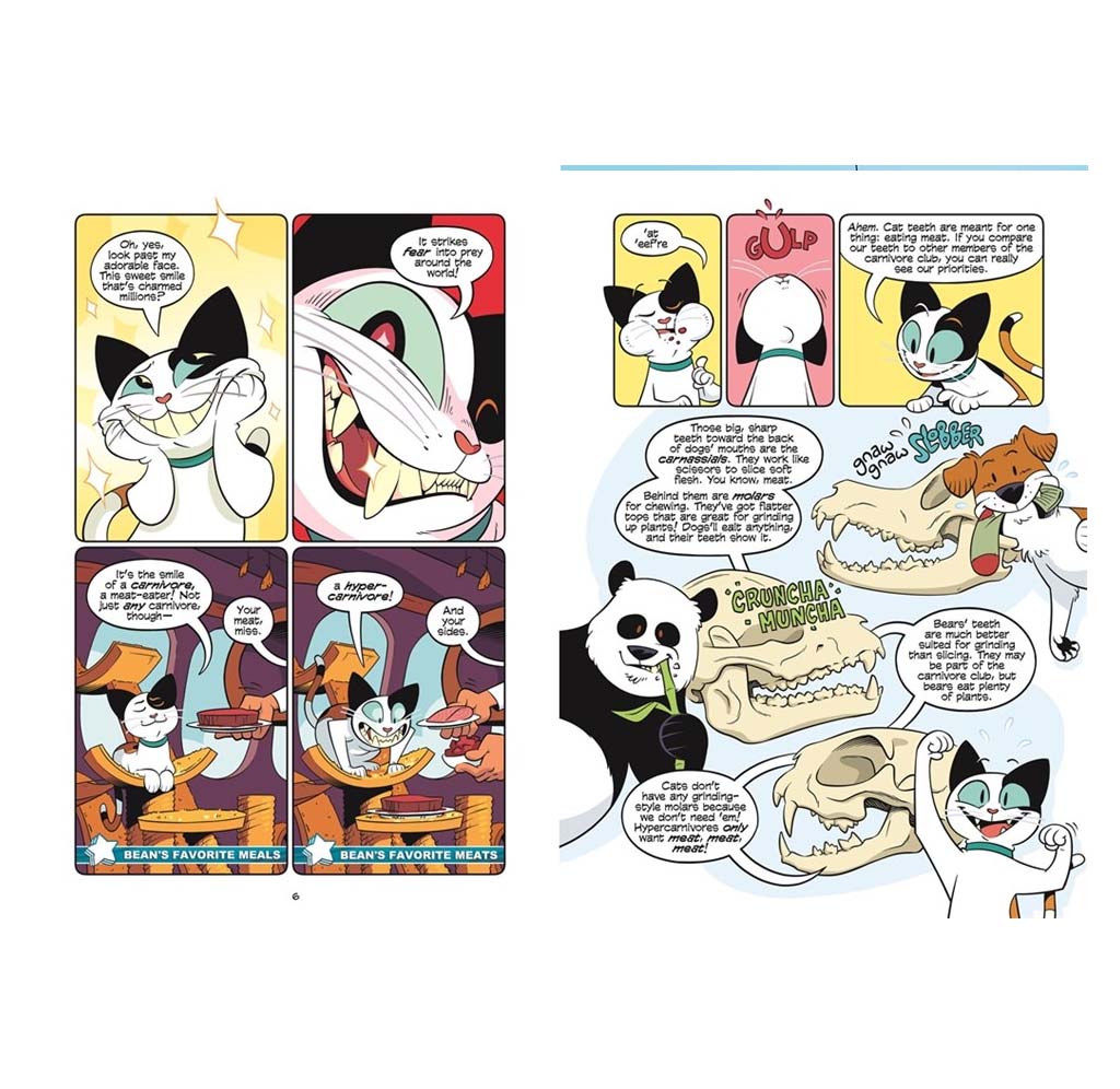 A two-page spread of a graphic novel featuring anthropomorphic cats and animals in humorous scenes with speech bubbles and panel borders.