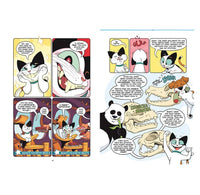 A two-page spread of a graphic novel featuring anthropomorphic cats and animals in humorous scenes with speech bubbles and panel borders.