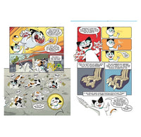 A two-page graphic novel featuring a black-and-white cat  in an action scene, with speech bubbles and multiple panels showing the cat chasing and interacting with small green plants.