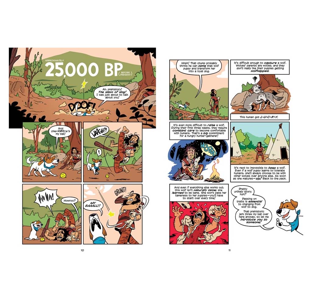 A printed comic-style page spread featuring cartoon cavemen, a dog, and text panels including '25000 BP' and speech bubbles on a white page background.
