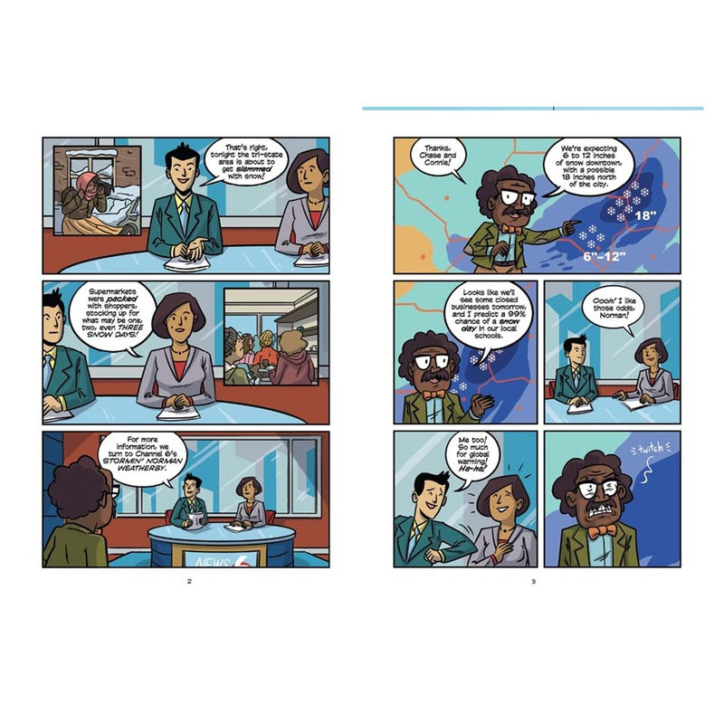 A two-page comic spread featuring characters in a newsroom setting with speech bubbles and blue-toned panels on a white page background.