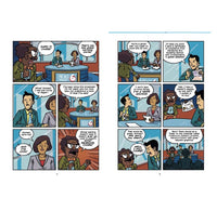 A two-page spread with illustrated panels showing a newsroom scene and several characters in conversation. Speech bubbles and panel borders are visible, and the pages are photographed against a plain white background.