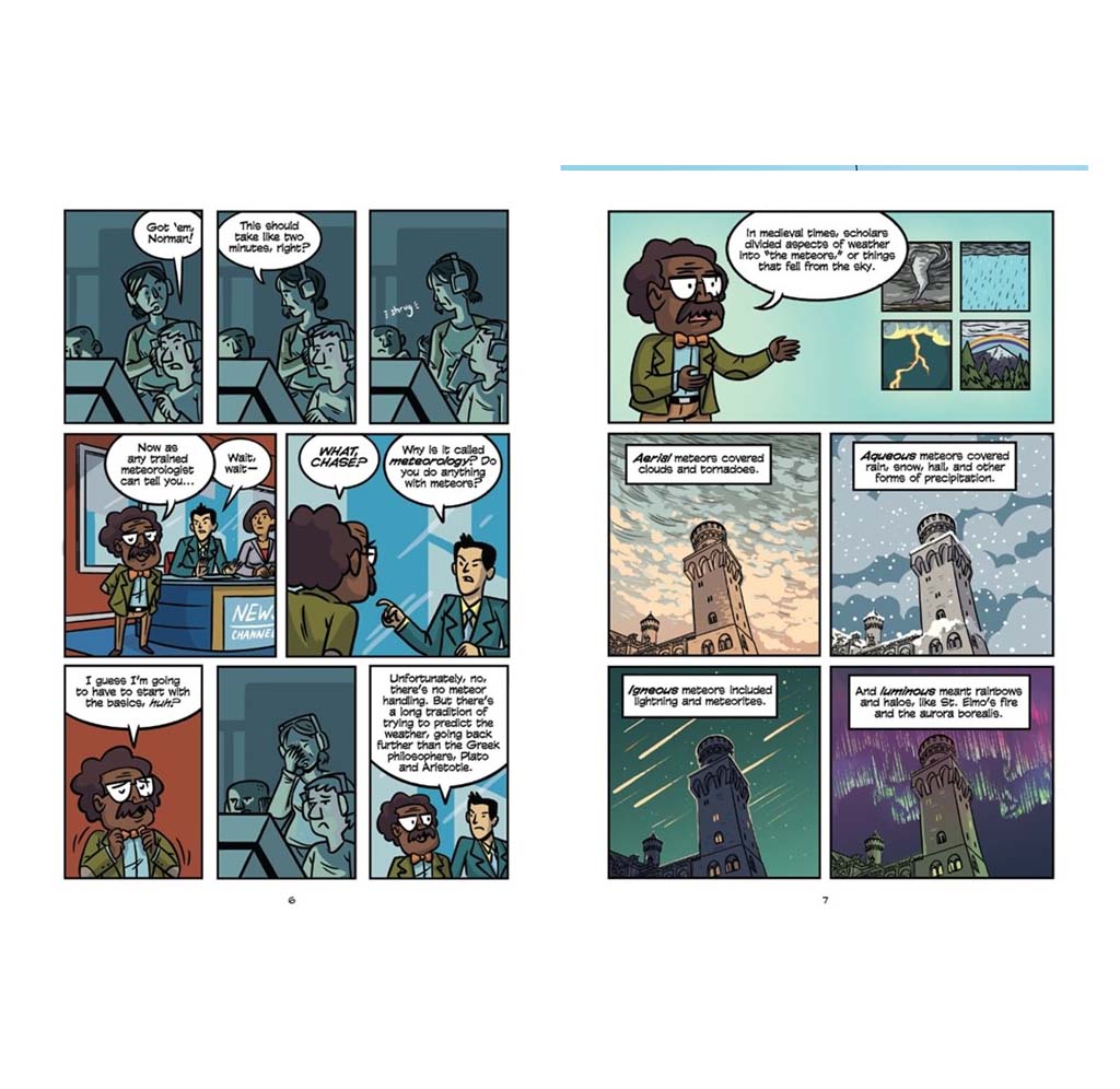 A two-page spread of a graphic novel, showing illustrated panels with characters and speech bubbles. The left page has five panels with a dark blue-toned scene, and the right page has five panels with a light blue-toned scene.