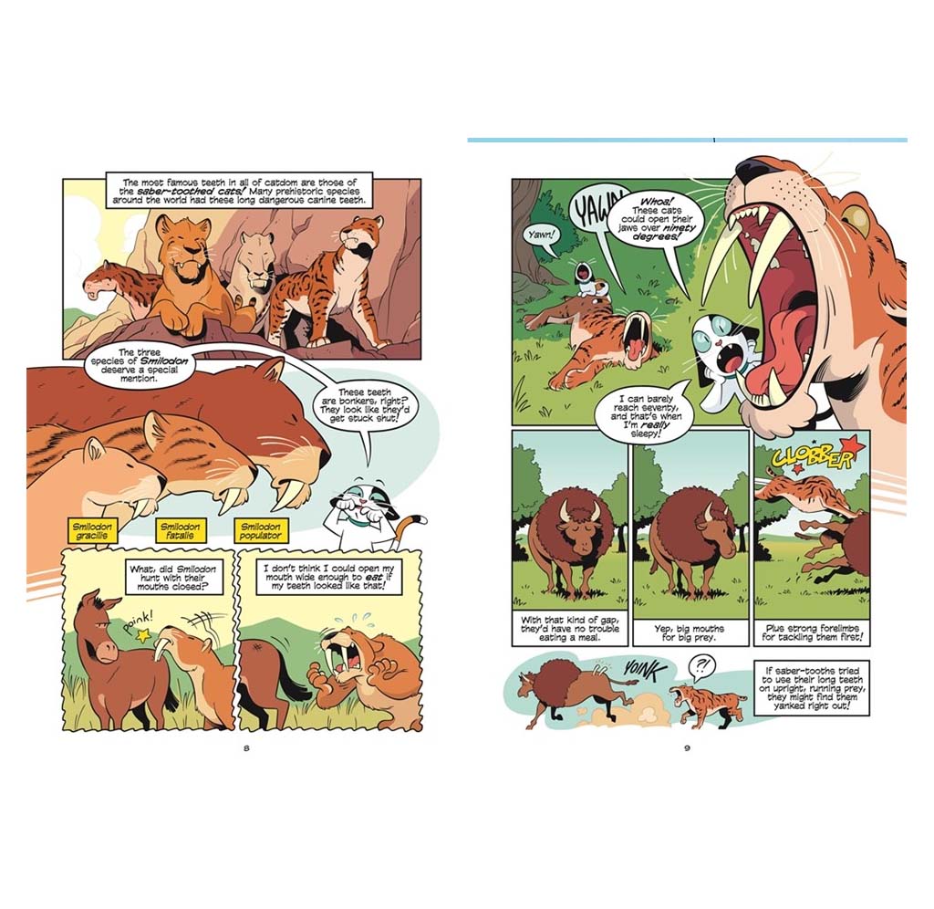 A two-page spread of a graphic novel strip featuring lions, a tiger, and a buffalo in a savanna scene, with speech bubbles and action panels.