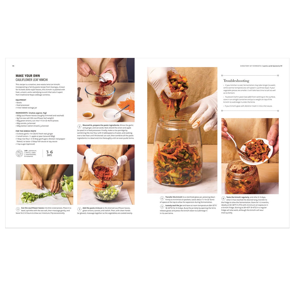 An open cookbook spread showing a recipe for kimchi. The left page includes the title 'MAKE YOUR OWN KIMCHI IN 10 MINUTES', ingredients, and step-by-step photos of preparing chopped vegetables and placing them in a jar.