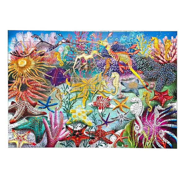 Colorful underwater scene with various sea creatures and plants on a blue background