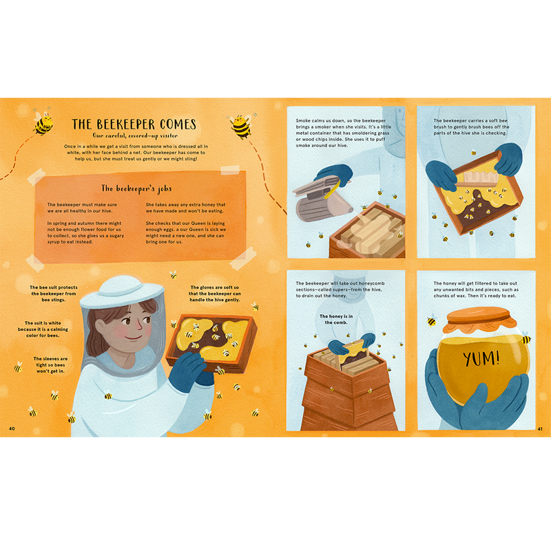 A cheerful children’s book spread shows a beekeeper in protective gear tending a hive, with step-by-step panels explaining how bees make honey.