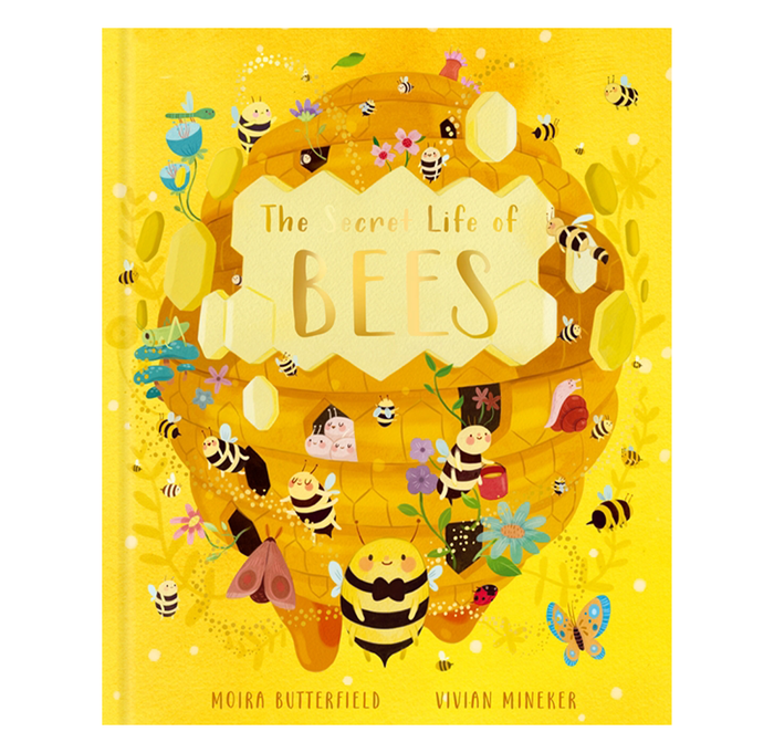 Bright yellow children’s book cover for The Secret Life of Bees, surrounded by a golden honeycomb, smiling bees, flowers, and a butterfly; cheerful, playful tone.