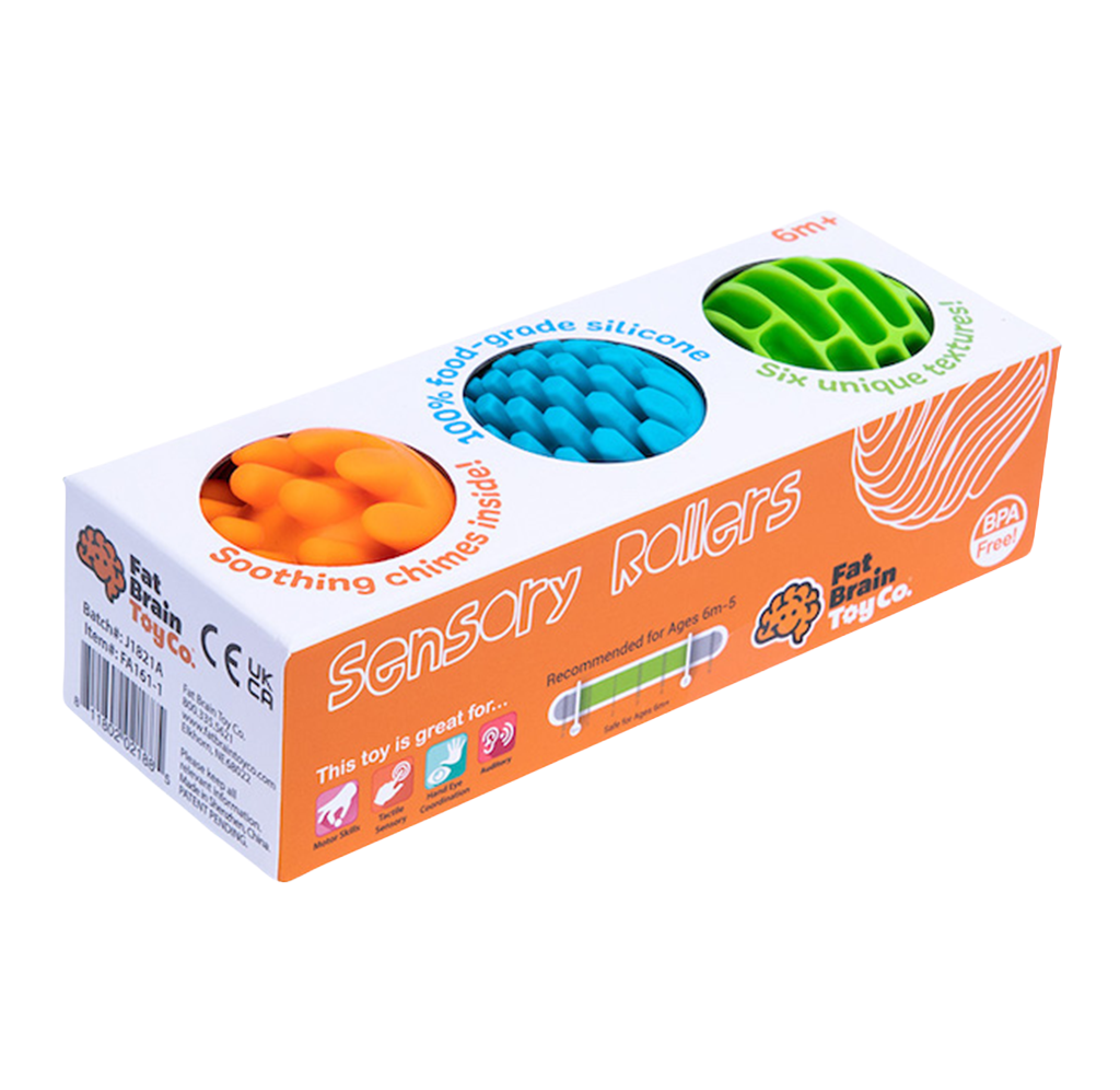 A white-and-orange box of sensory rollers displays three colorful textured chew toys—orange, blue, and green—with labels highlighting soothing, food-grade silicone.