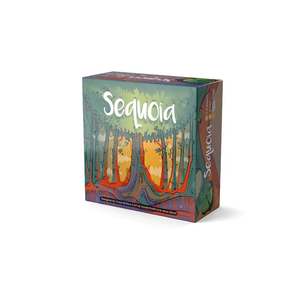 Board game box titled 'Sequoia' with tree design on a white background