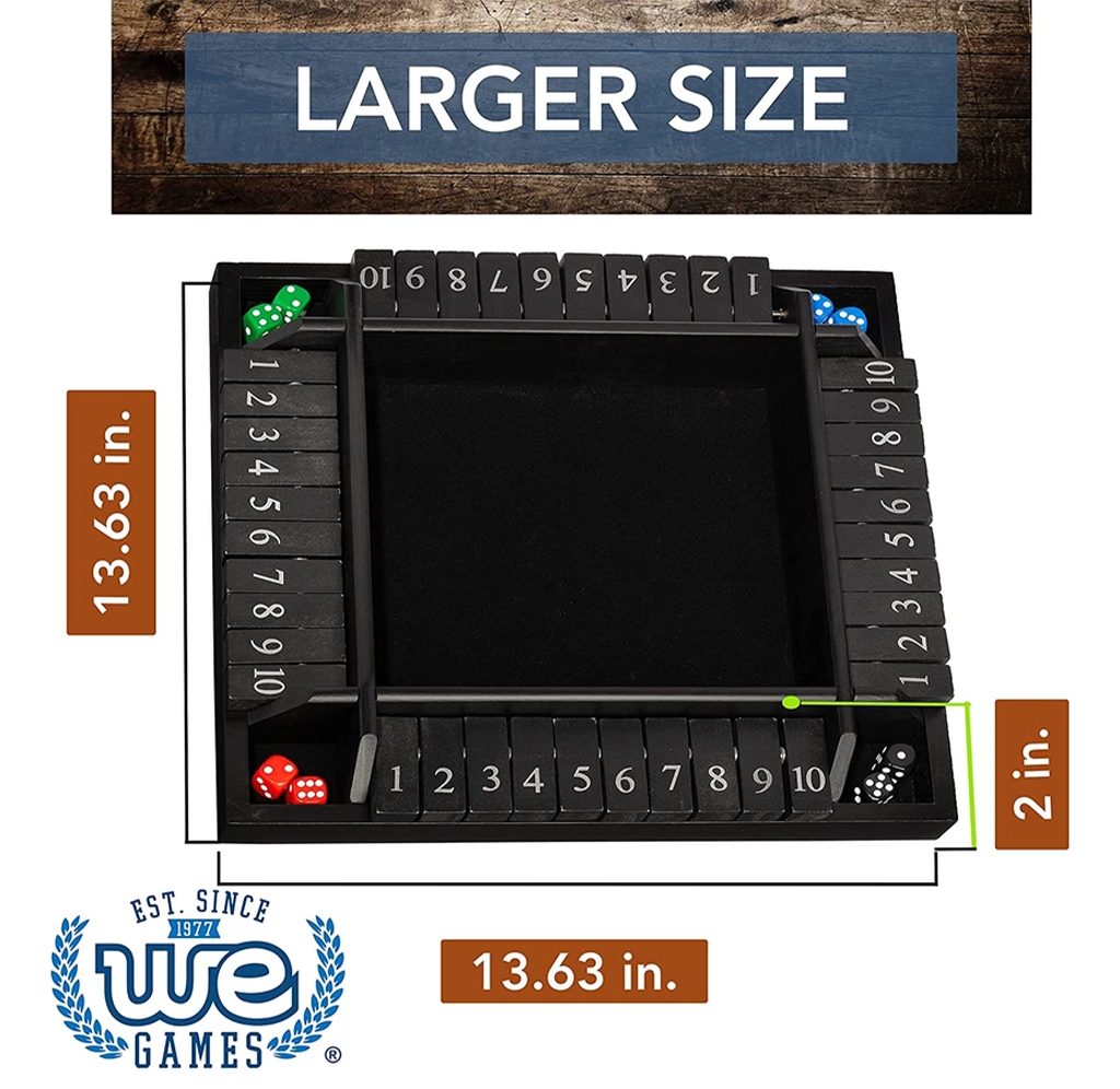 Product graphic showing a larger black wooden dice game board with numbered tiles, colorful dice, and dimensions of 13.63 by 13.63 inches; clear, informative tone.