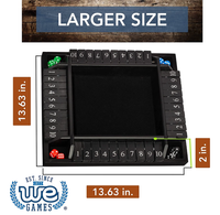 Product graphic showing a larger black wooden dice game board with numbered tiles, colorful dice, and dimensions of 13.63 by 13.63 inches; clear, informative tone.