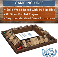 Product image of a wooden 1–10 flip-tile dice game, with dice and instructions, beneath a banner listing the set’s contents; warm, rustic tone.