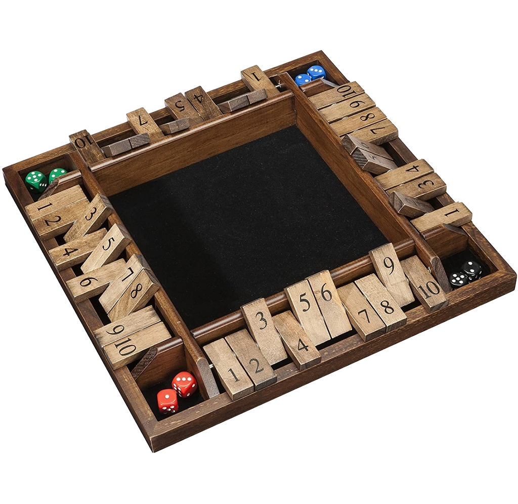 Wooden Shut the Box dice game with numbered hinged tiles surrounding a black center; colorful dice sit in the compartments, suggesting a playful tabletop challenge.