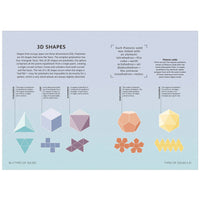 Layout page from the book showing 3D shapes in different colors against a light blue background.