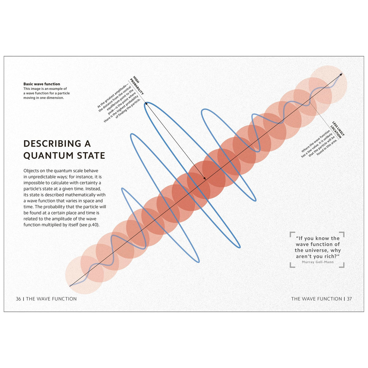 Layout page from Simply Quantum Physics titled 'DESCRIBING A QUANTUM STATE' from The Wave Function series, featuring a blue sine wave pattern overlaid on pink circular probability distributions on a white background with black text.