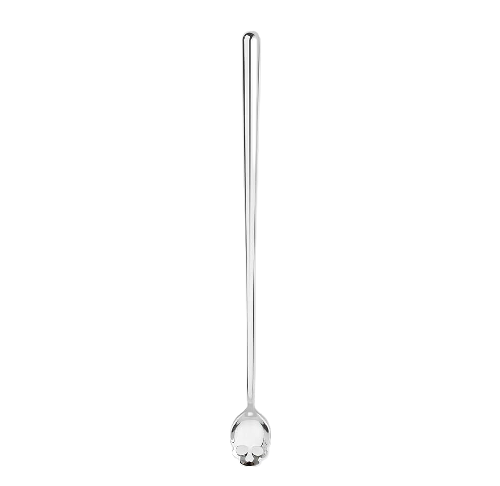 Long-handled stainless steel spoon with a small, perforated skull bowl, isolated on white; minimalist product image with a clean, practical tone.
