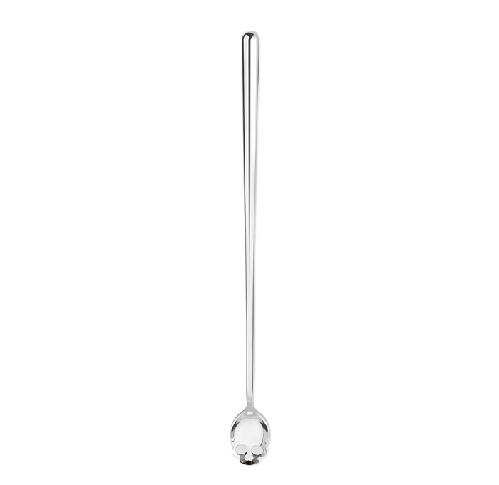 Long-handled stainless steel spoon with a small, perforated skull bowl, isolated on white; minimalist product image with a clean, practical tone.