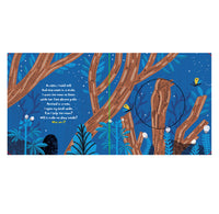 A children's book page showing a whimsical forest illustration with large brown tree trunks, blue foliage, stars, and a black circle highlighting a small glowing bird. A block of white text appears on the left, with a small yellow label reading 'who am I?' at the bottom.