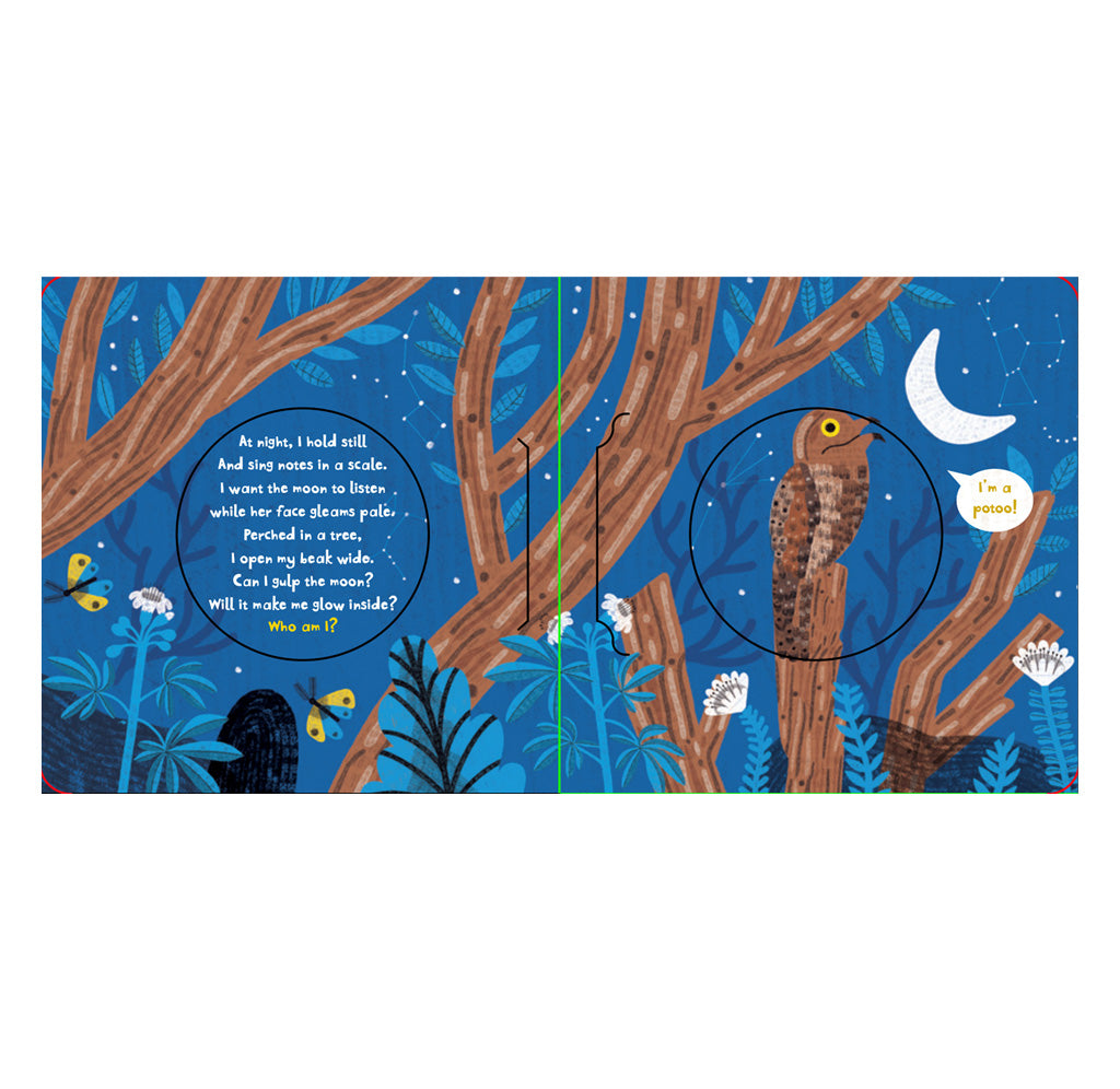 A children's book spread showing a dark blue forest scene with tree trunks, stars, a crescent moon, butterflies, flowers, and a owl. A speech bubble contains a poem, and another bubble says 'I'm a owl!'.