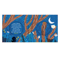 A children's book spread showing a dark blue forest scene with tree trunks, stars, a crescent moon, butterflies, flowers, and a owl. A speech bubble contains a poem, and another bubble says 'I'm a owl!'.