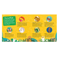 Camouflage index layout page with a bright yellow background, featuring illustrated animals in camouflage and sections of text explaining camouflage in nature, animals, and art.