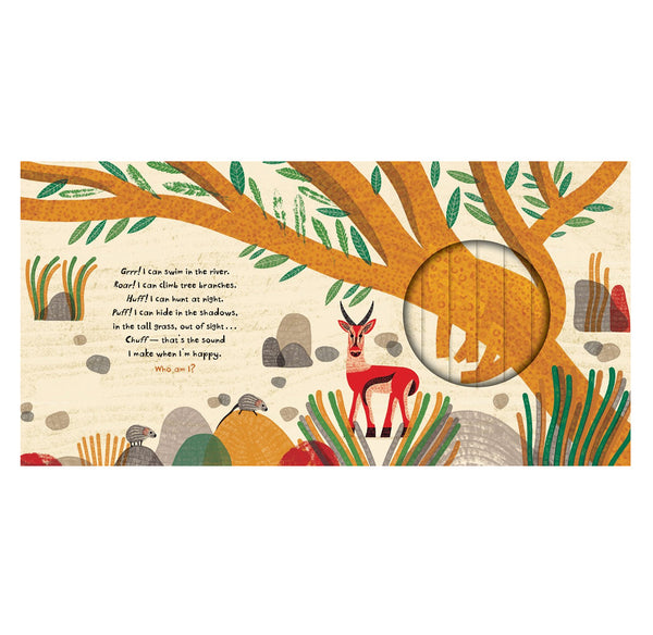 A layout page from children's picture book 'Sneak!' featuring an illustrated tree and poem on a cream background, plus a circular cutout window showing a wooden puzzle piece inside. The scene includes a deer, birds, rocks, and plants in a warm, earthy palette.