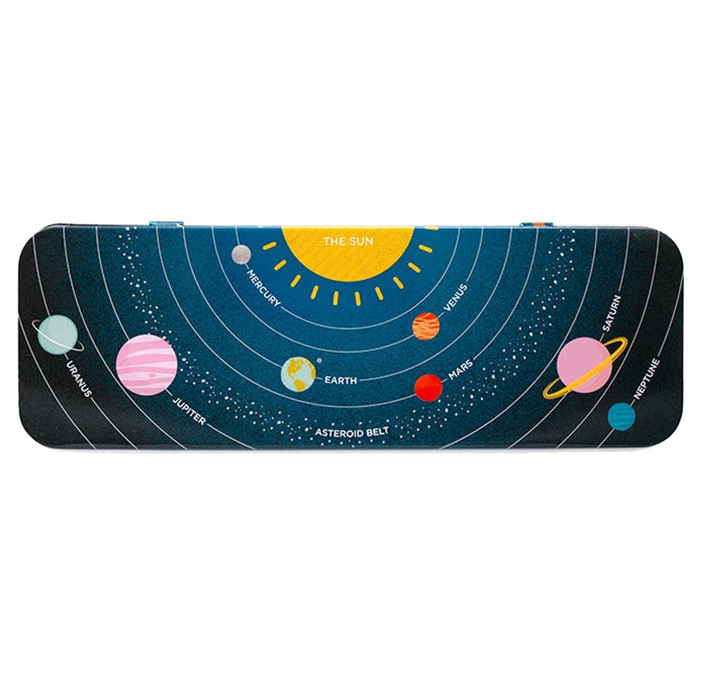 Metal case featuring the solar system, with the sun at the top and planets' with names names below.