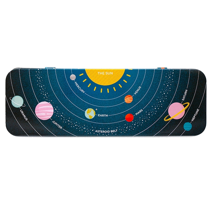 Metal case featuring the solar system, with the sun at the top and planets' with names names below.