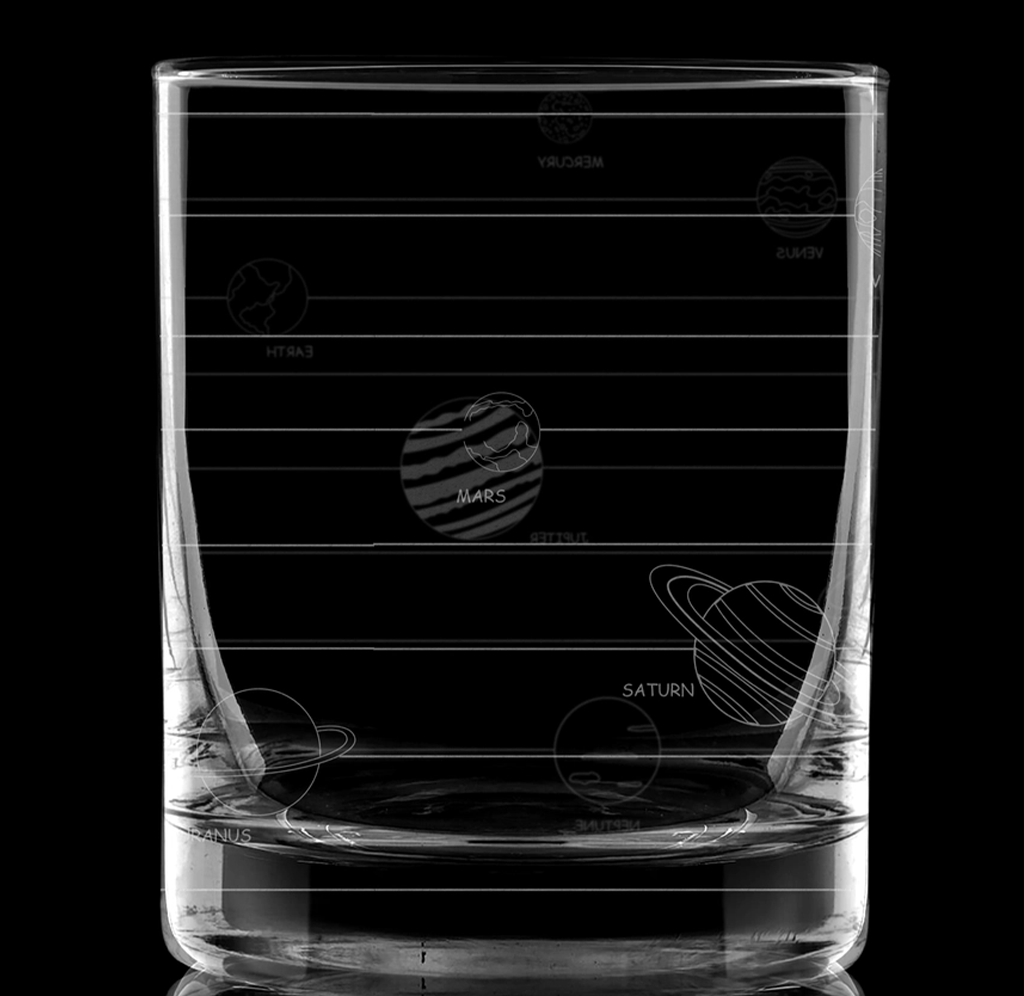 A dark, translucent glass interface shows thin horizontal lines, faint planet-like circles, and a central moon icon, creating a sleek, futuristic mood.