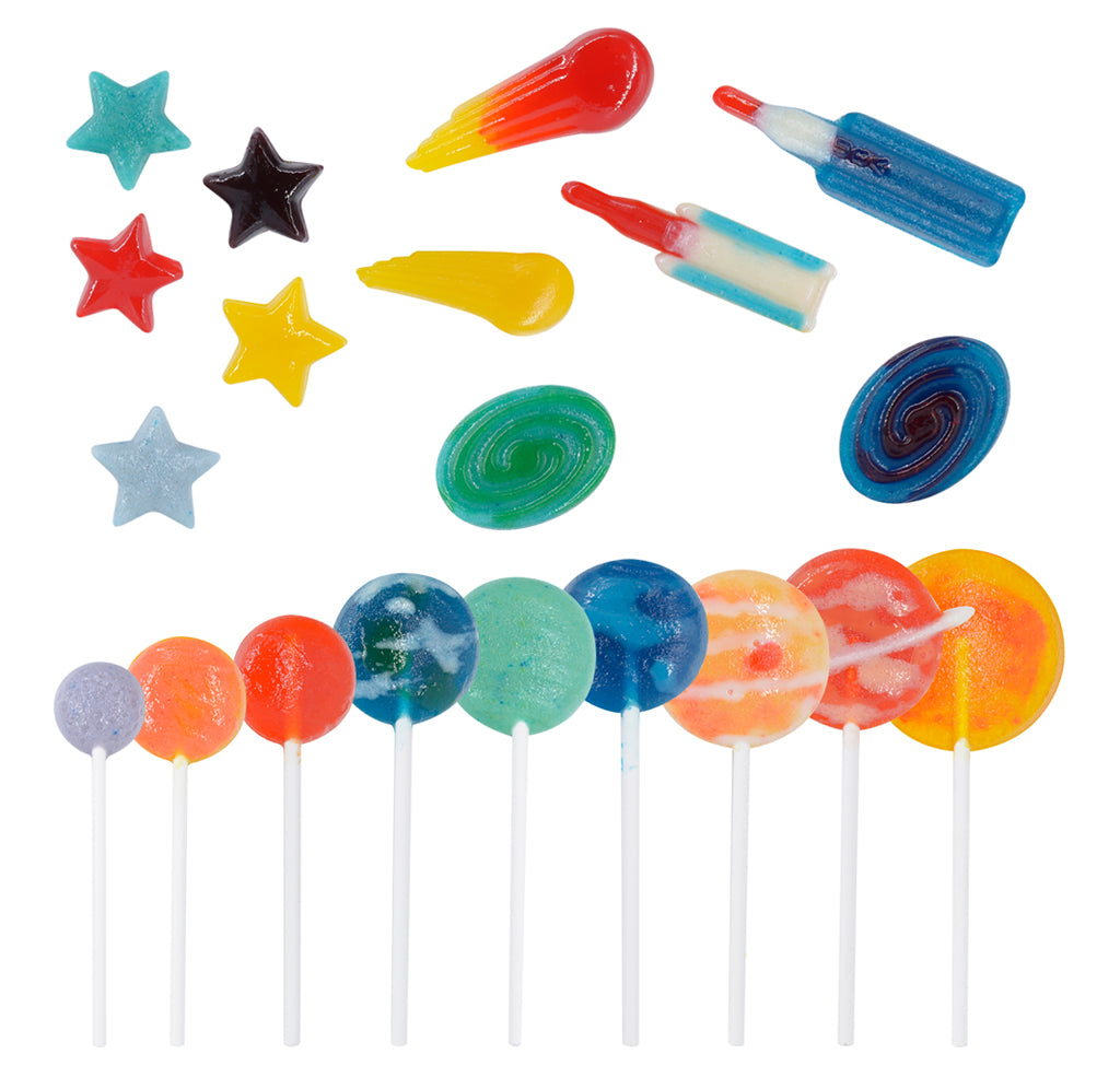 Colorful lollipops and gummy candy in space themed shapes on a white background