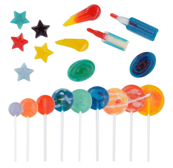 Colorful lollipops and gummy candy in space themed shapes on a white background