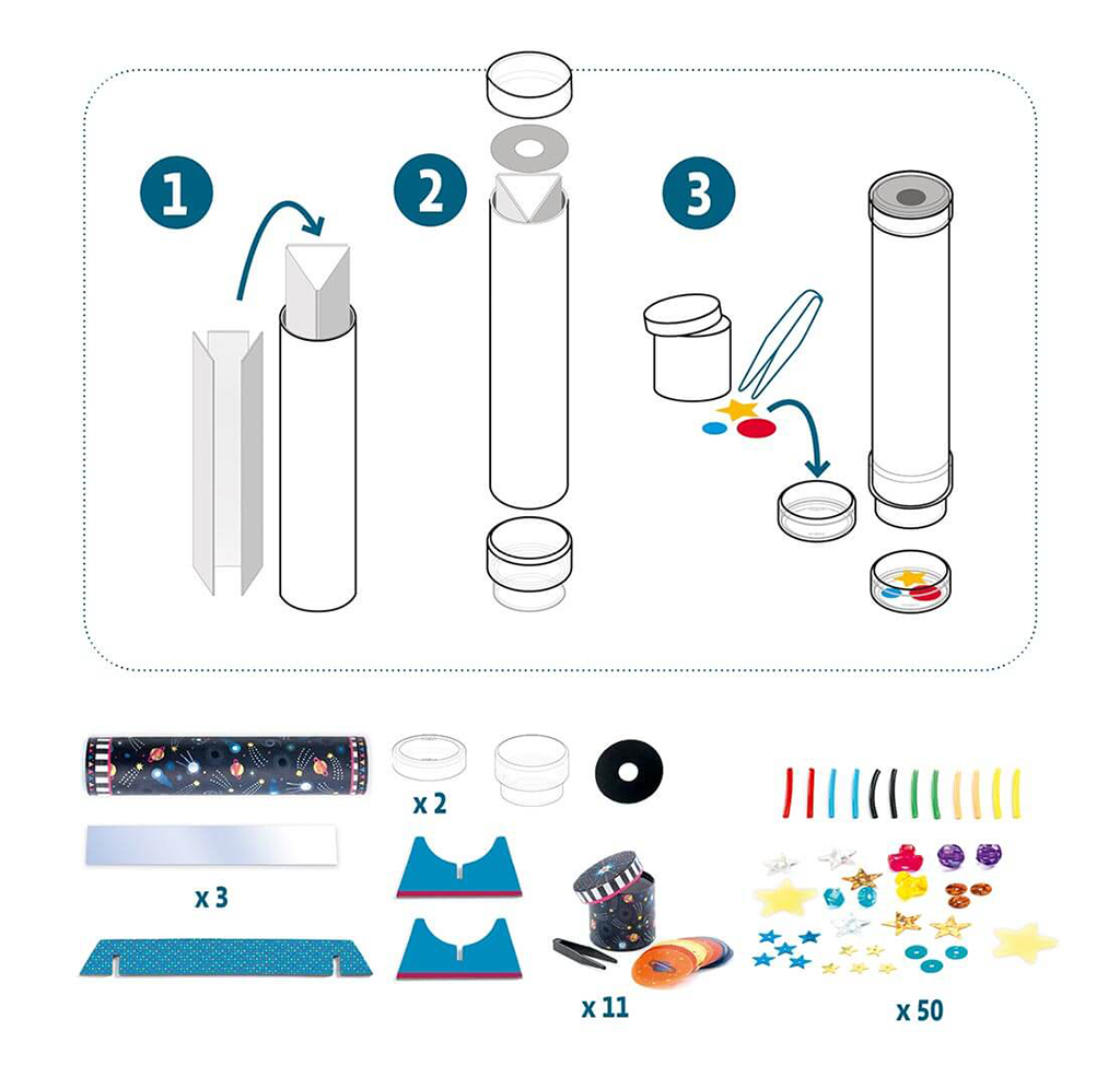Illustrated step-by-step kit for assembling a clear kaleidoscope tube, with instructions for adding colored beads and decorative parts; playful craft activity.