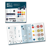 DIY kaleidoscope assembly kit with illustrated parts, step-by-step instructions, and colorful patterned discs; the neat, playful layout feels inviting.