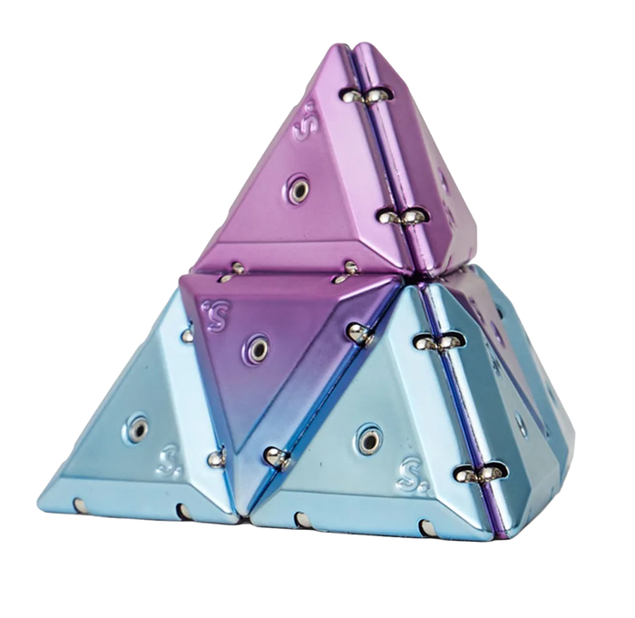Geode chrome magnetic building triangles assembled into a pyramid, featuring translucent ice blue and purple pieces with visible magnetic connectors