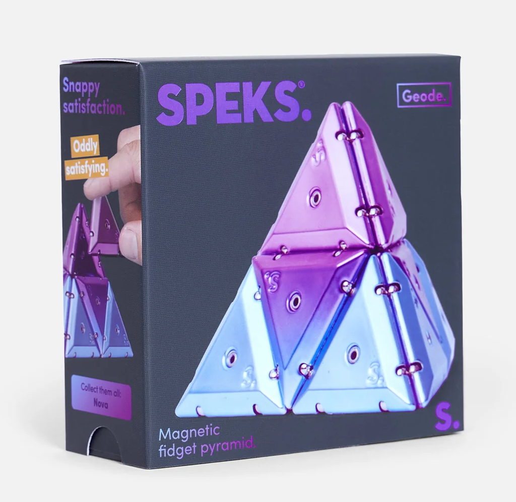 Speks Geode 1 magnetic fidget pyramid set in its retail packaging, featuring a metallic purple and blue pyramid toy on a dark gray box.