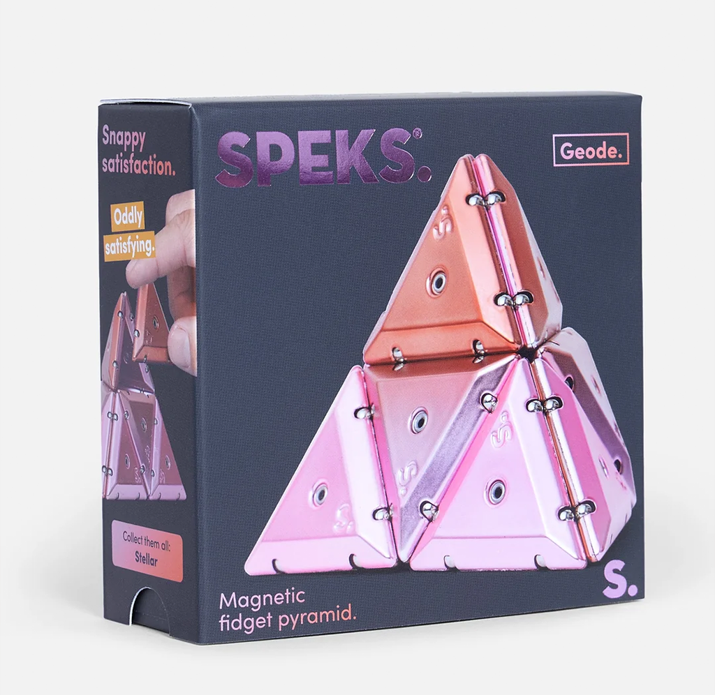 Outer box packaging for Speks Chrome Pyramid Geode in the Stellar pink / orange gradient colorway. 
