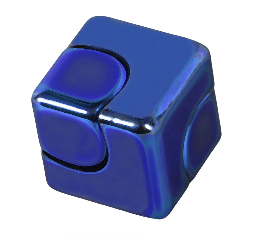 Glossy cobalt-blue fidget cube with rounded edges and tactile buttons on its front and side, isolated on a white background.