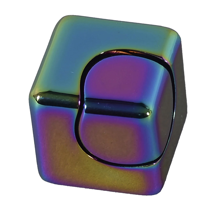 Iridescent square metal buckle with rounded edges, a raised central loop, and horizontal bar; shifting purple, blue, green, and gold finish.
