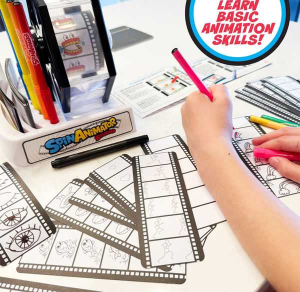 A child uses a pink marker to draw on animation worksheets beside a Spin Animator toy and colorful pens; a bright, playful scene promotes basic animation skills.