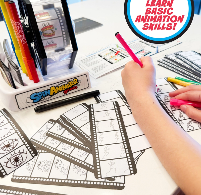 A child uses a pink marker to draw on animation worksheets beside a Spin Animator toy and colorful pens; a bright, playful scene promotes basic animation skills.