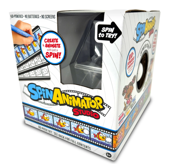 A colorful Spin Animator Studio toy box shows a hand drawing cartoon frames, a small animation viewer, and playful filmstrip graphics. The packaging invites kids to create and animate.