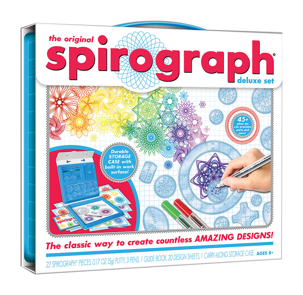 Packaging includes product name, spiral drawings created using the spirograph, pictures of the templates, and an open view of the kit.  Case includes a carrying handle at the top. 