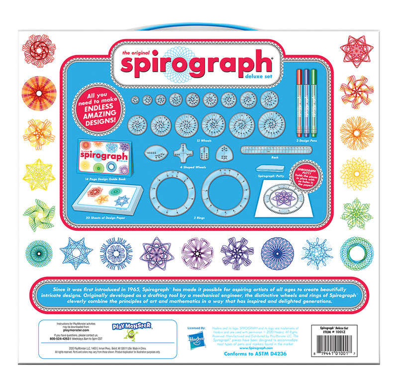 Back view of the kit that shows all the components that are included in the case and information about the spirograph origin. 