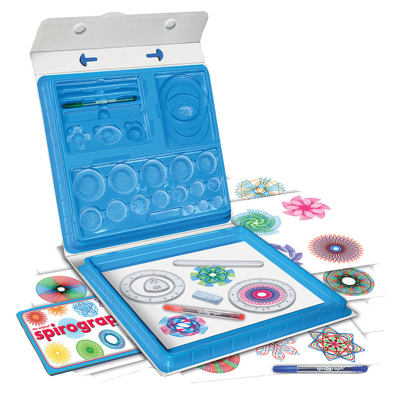 Open view of the kit with a blue interior that holds the spirograph pieces on the top and paper on the bottom. Surrounding the kit are drawings created using the spirograph.
