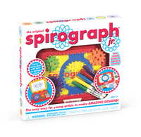 A colorful Spirograph Jr. art kit box displays interlocking gears, drawing tools, and sample designs, promoting creative pattern-making for young artists.