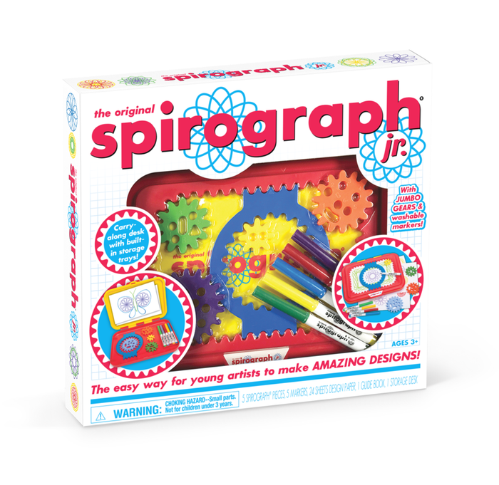 A colorful Spirograph Jr. art kit box displays interlocking gears, drawing tools, and sample designs, promoting creative pattern-making for young artists.